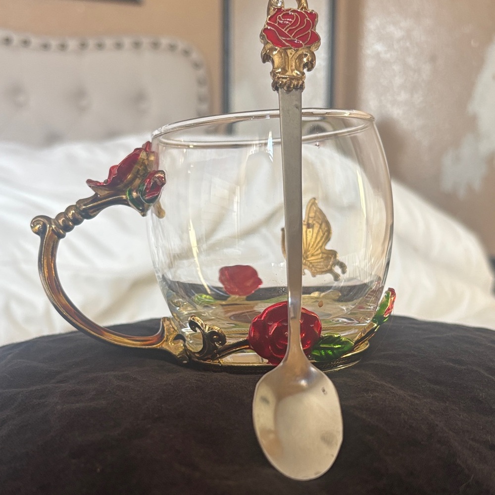 Glass Tea Cup with Gold Rose Accents